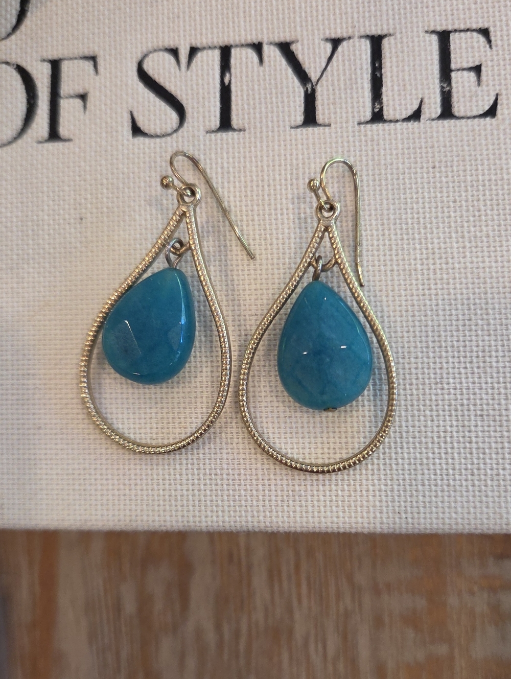 Gold-Tone Teardrop Earrings with Blue Green Stone Drops
